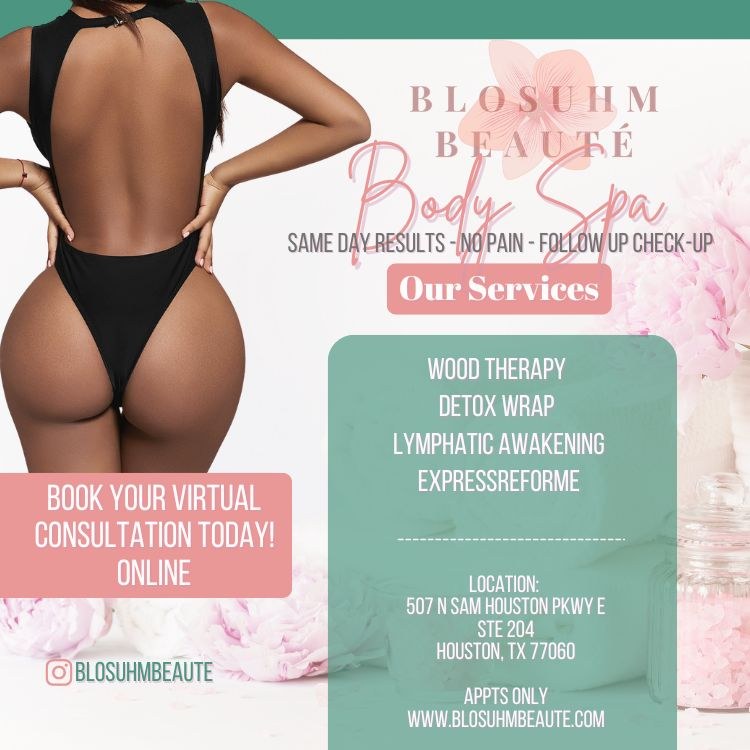 Blosuhm Beautè Body Spa flyer with services, location at 507 N Sam Houston Pkwy E, Ste 204, Houston, TX 77060, appointments only